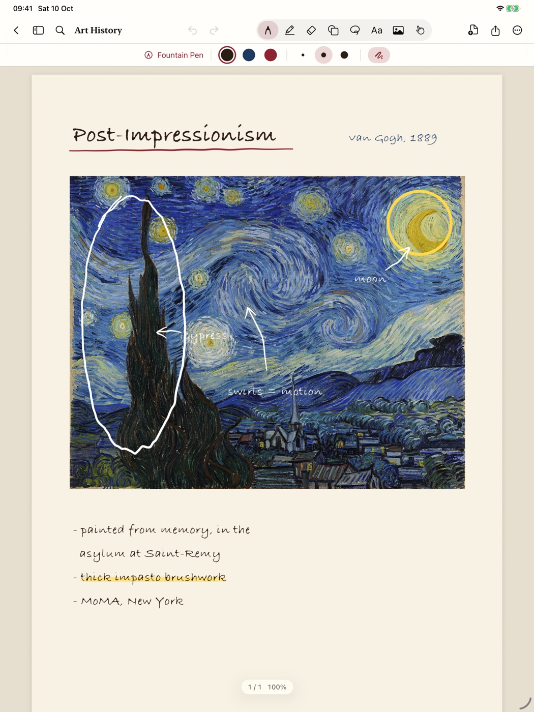 Van Gogh's Starry Night with the cypress circled and handwritten labels.