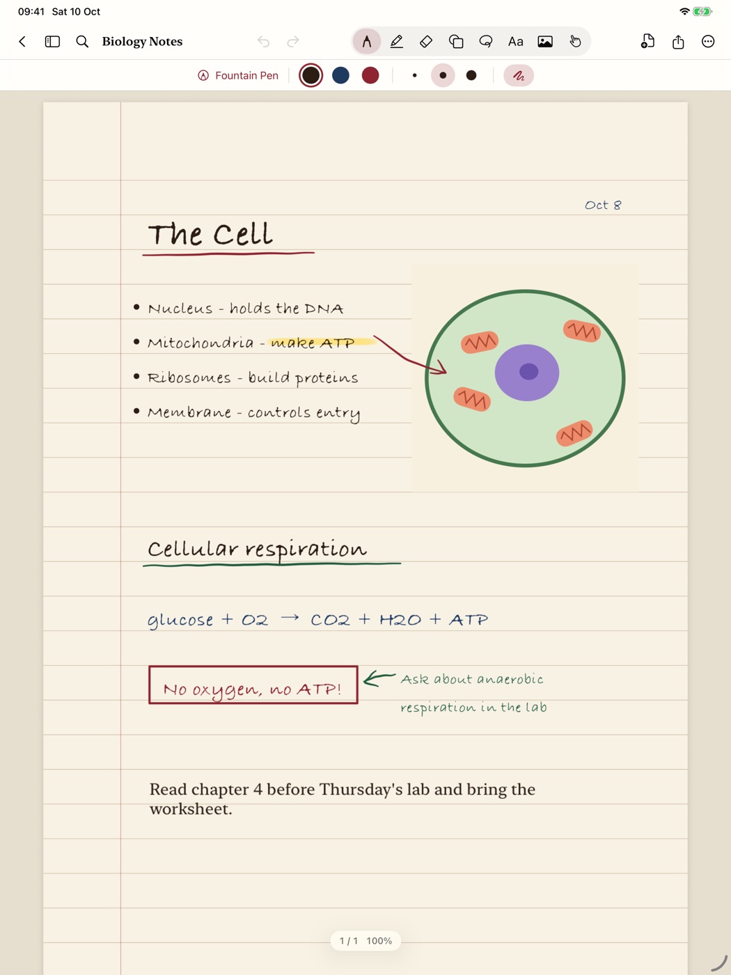 Handwritten biology notes on ruled cream paper with a cell diagram.