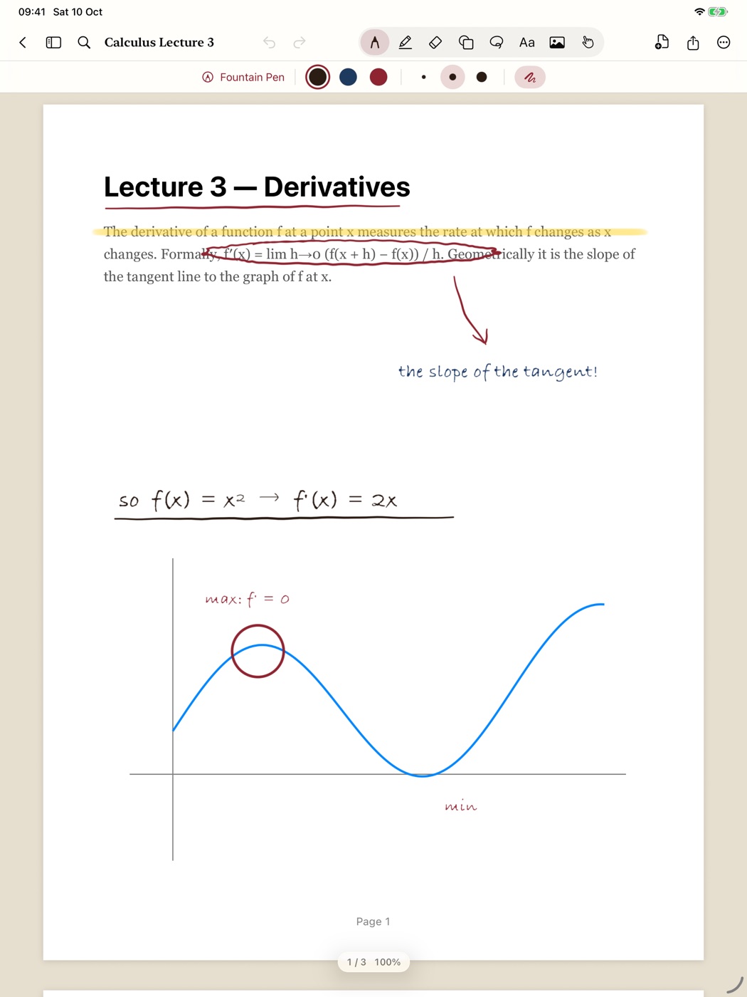 A lecture PDF with handwritten notes, a highlighted sentence and a circled equation.