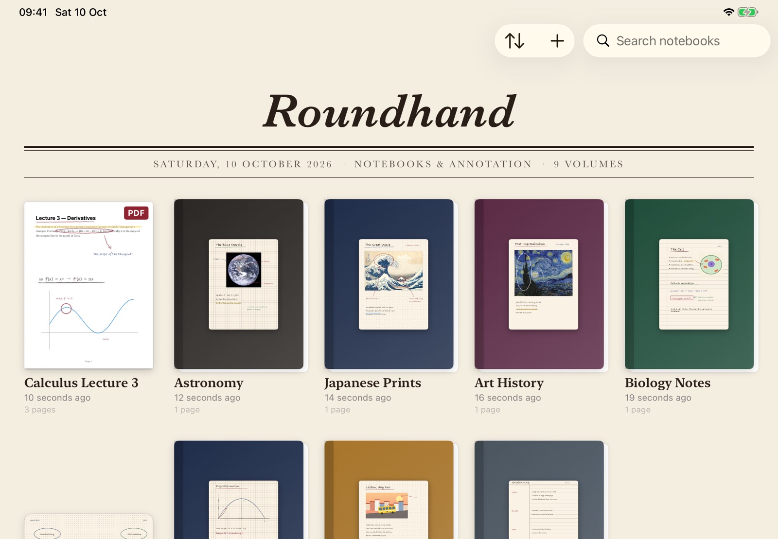 The Roundhand library: notebooks with leather covers, an annotated PDF, paintings and a whiteboard, under a newspaper-style masthead.