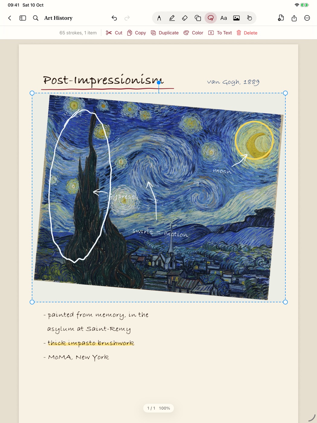A lasso selection rotating a painting together with its handwritten annotations.
